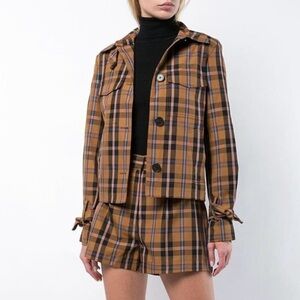Derek Lam 10 Crosby Plaid Print Cropped Button Jacket Tied Cuff Detail Size 4